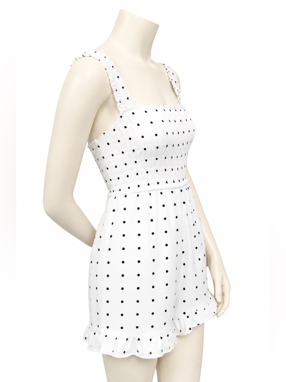 White Birch Romper Size S White Black Polka Dot Smocked Ruffle - Picture 3 of 11